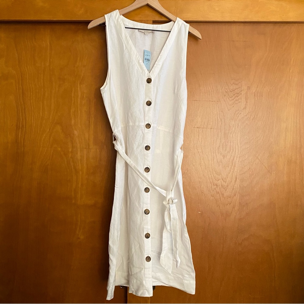 Loft White Linen  Blend Sleeveless Dress with Button Detail 16 Petite